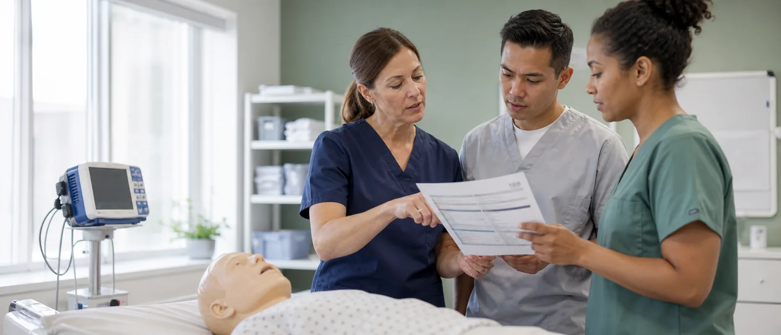 Healthcare instructor guiding students through a clinical skills exercise