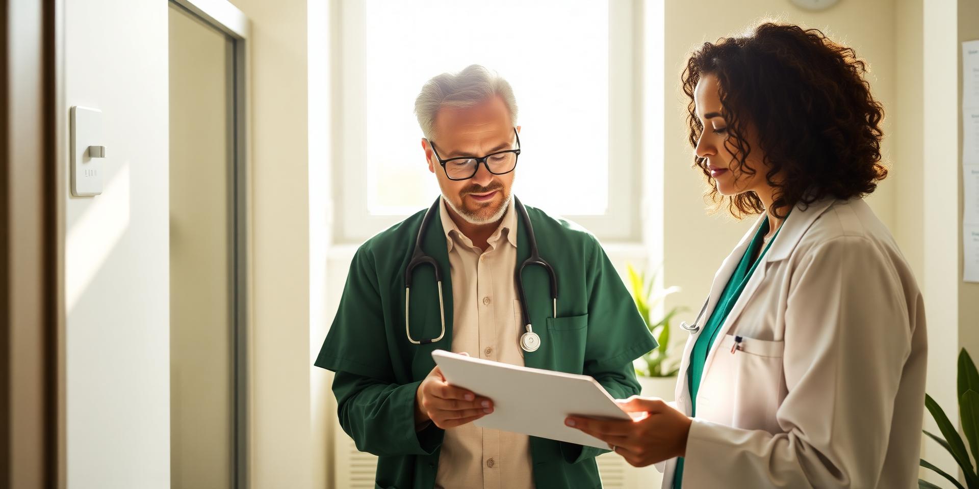 Healthcare professionals reviewing patient charts in a bright, modern clinic